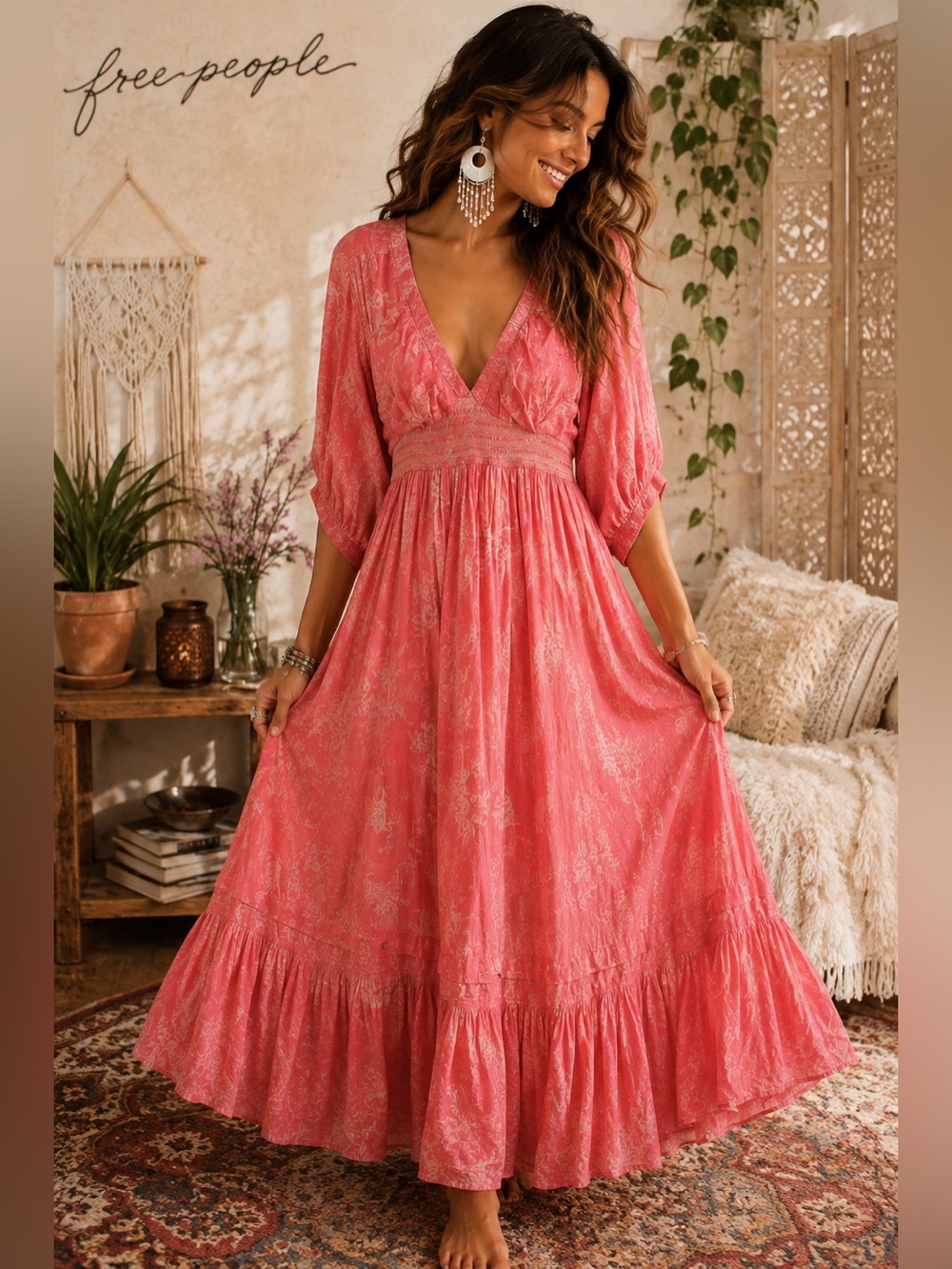 Free People Pink Floral Boho Maxi Dress XL